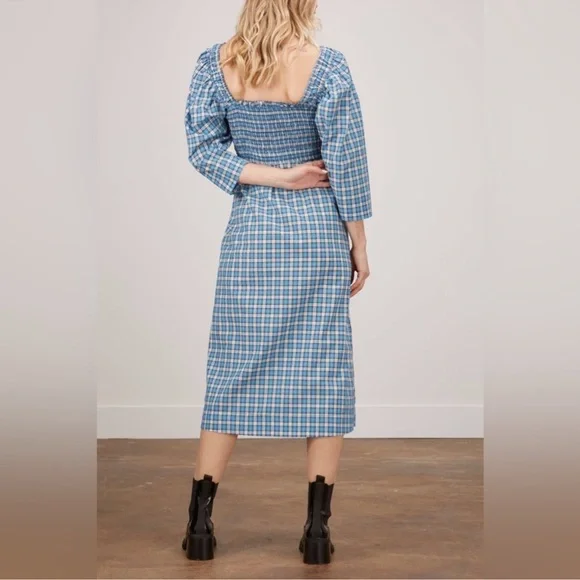 Ganni Seersucker Gingham Smocked Puff Sleeve Dress Black White Size 34 US 2 - Picture 5 of 8